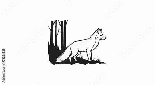 Line art fox stands in a grassy forest clearing with silhouetted trees