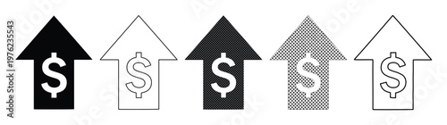 Financial growth arrow icons with dollar signs, set of 5 upward trend vector symbols, rising profit and currency value increase graphics