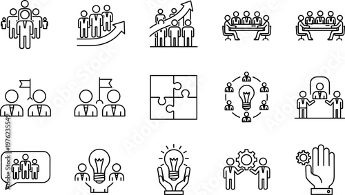 Business Teamwork Line Icons Set with Leadership, Collaboration, Growth, Puzzle Solution, Innovation and Meeting Concepts for Corporate Design