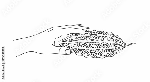 Hand holding a ripe bitter melon pod, revealing its many seeds