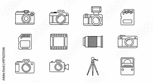 Line art icons of cameras, lenses, film, memory cards, and tripod