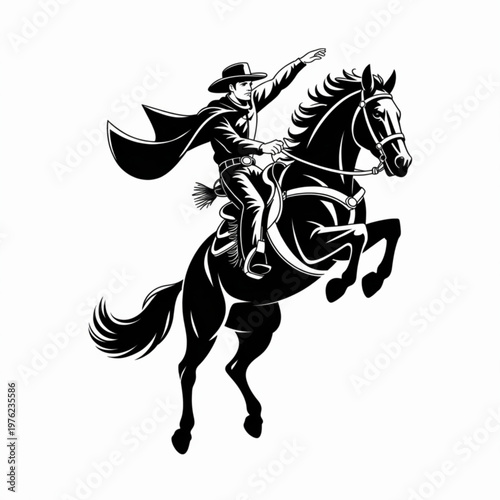 Retro styled illustration of a cowboy performing daring tricks atop a galloping horse dynamic scene
