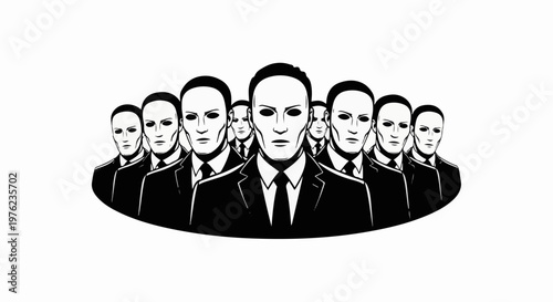 Group of masked men in suits forming a unified, anonymous front