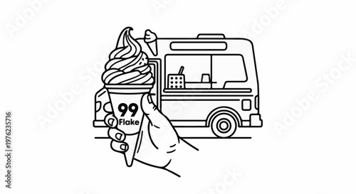Hand holding a swirl ice cream cone in front of a food truck