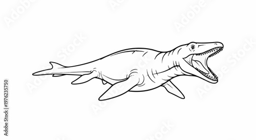 Line art illustration of a prehistoric marine reptile with its mouth open wide