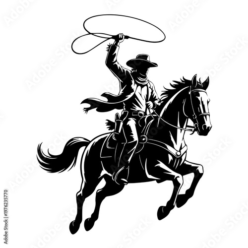 Retro styled illustration of a cowboy performing daring tricks atop a galloping horse dynamic scene