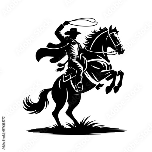 Retro styled illustration of a cowboy performing daring tricks atop a galloping horse dynamic scene