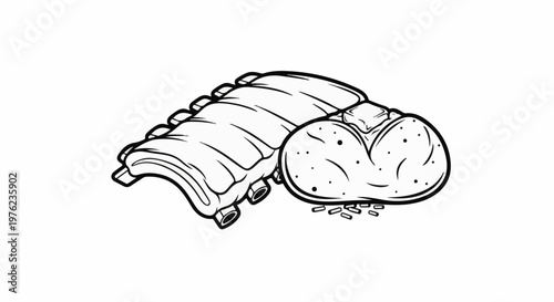 Line art illustration of pork ribs and a baked potato with scattered crumbs