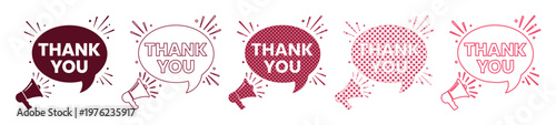 Thank you speech bubble vector set with megaphone, maroon appreciation message icons, 5 elements collection for customer feedback and marketing