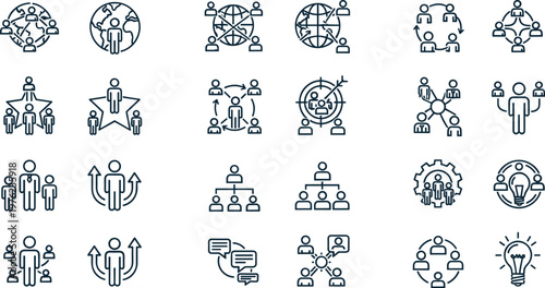 Business, Strategy, and Collaboration Icon Set with Growth, Teamwork, and Leadership in Line Vector Style