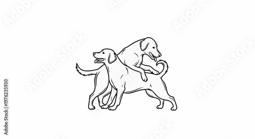 Line art illustration of two dogs, one playfully riding on the back of another