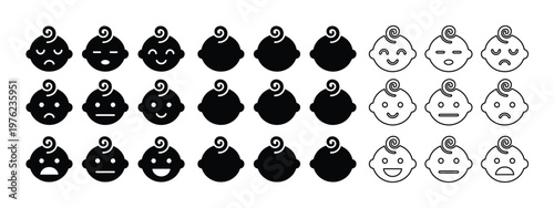 Minimalist baby emoji icon set, infant facial expression vector collection, black and white newborn mood symbols for parenting apps and nursery design