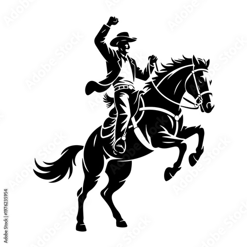Retro styled illustration of a cowboy performing daring tricks atop a galloping horse dynamic scene