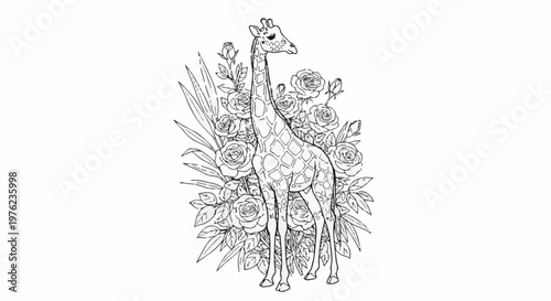 Line art illustration of a giraffe surrounded by roses and foliage
