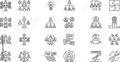Business, Teamwork, and Communication Icon Set with Leadership, Collaboration, and Strategy in Line Vector Style
