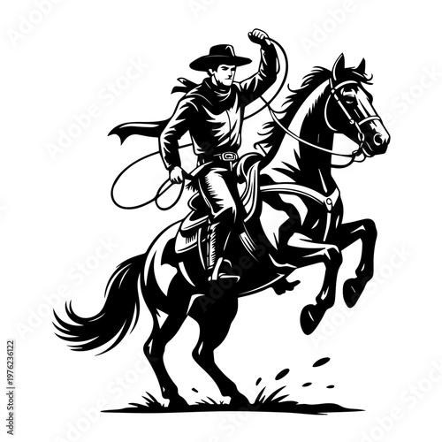 Retro styled illustration of a cowboy performing daring tricks atop a galloping horse dynamic scene