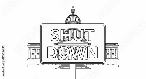 Line art of a government building with a "SHUT DOWN" sign in front