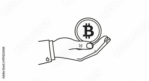 Line art of a hand holding a coin with a 'B' symbol