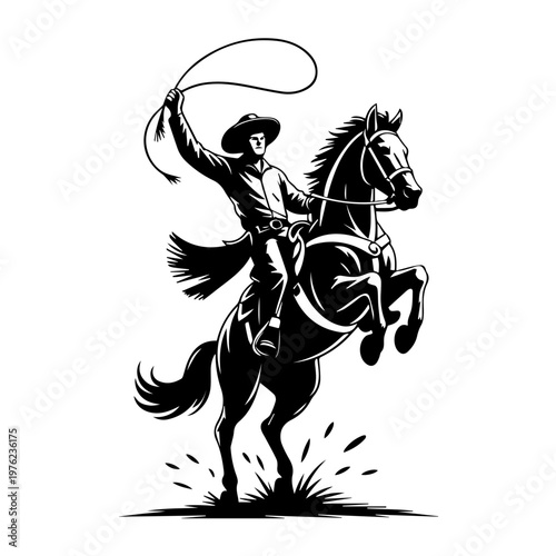 Retro styled illustration of a cowboy performing daring tricks atop a galloping horse dynamic scene