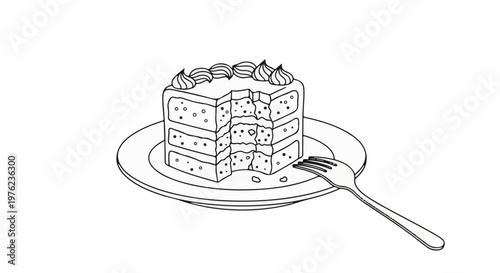 Line art of a multi-layered cake with a bite taken out, on a plate with a fork