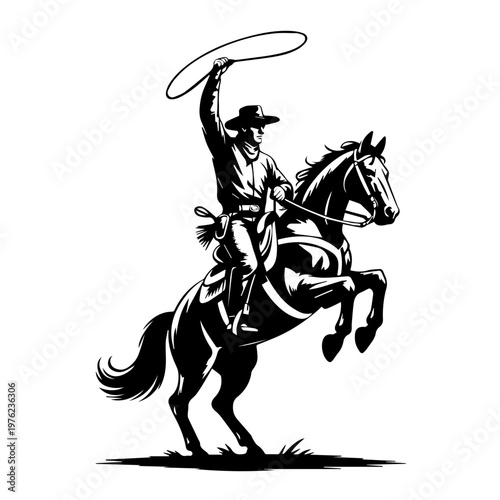 Retro styled illustration of a cowboy performing daring tricks atop a galloping horse dynamic scene