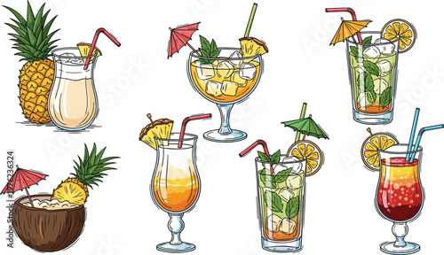 Tropical Cocktail Set with Pineapple, Coconut, and Colorful Drink Garnishes for Summer, Party, and Beverage Designs