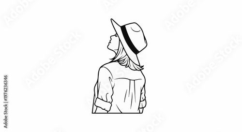 Line art of a person wearing a wide-brimmed hat and collared shirt