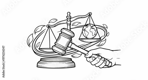 Hand holding gavel over scales balancing globe and leaves