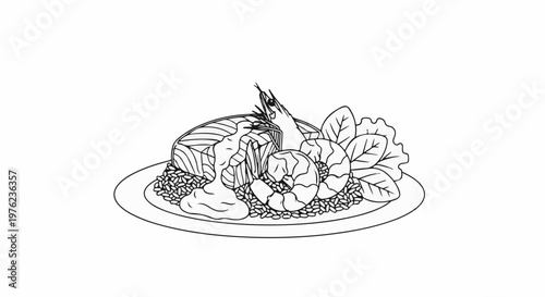 Line art of a plate of food featuring salmon, shrimp, rice, and greens