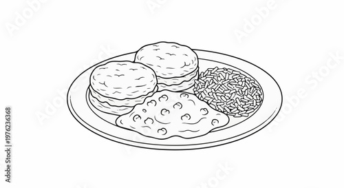 Line art of a plate with biscuits, gravy, and rice