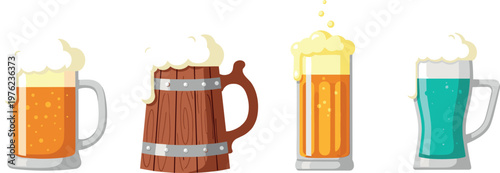 Cartoon Beer Mugs and Glasses with Frothy Foam in Various Styles for Pub or Festival Illustration Design