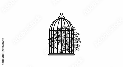 Line art of a peacock with spread tail feathers, inside a cage