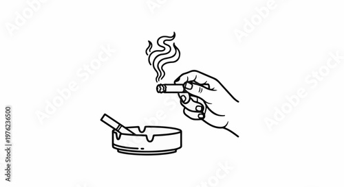 Hand holding lit cigarette with smoke above ashtray with stub