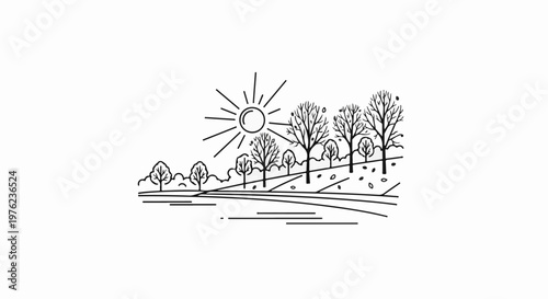 Line art of a sun shining over a row of bare trees and a field