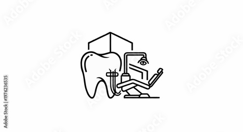 Line art of a tooth next to a dentist's chair and light