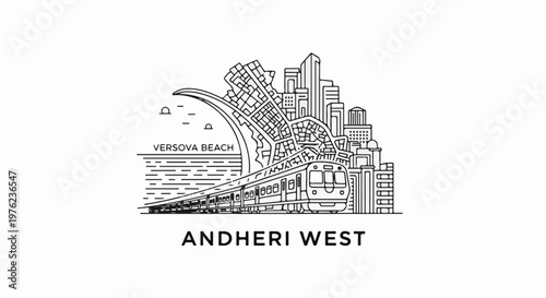 Line art of a train moving past a city skyline and beach