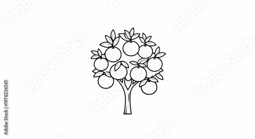 Line art of a tree bearing multiple round fruits and leaves