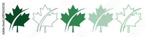 Green maple leaf icons set, collection of five Canadian maple leaf symbols in various shades of green, flat vector foliage graphics for nature branding