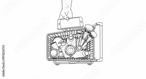 Hand holding smartphone above shopping cart filled with cosmetics and brushes