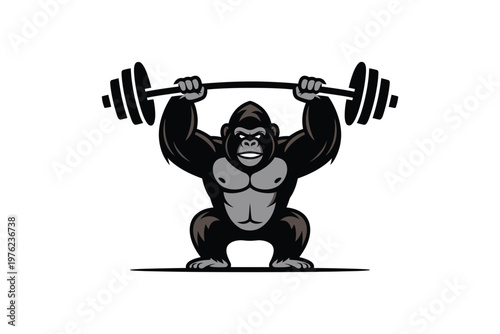 A muscular gorilla lifting a heavy barbell in a squat position