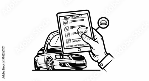 Hand holding tablet showing car maintenance checklist and a car icon