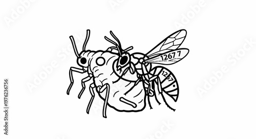 Line art of a wasp and a large insect interacting