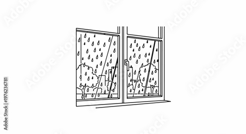 Line art of a window looking out at trees and city buildings in the rain