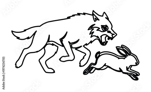 Minimalist wolf chasing rabbit line art vector, aggressive predator hunting prey illustration, black and white wildlife animal sketch