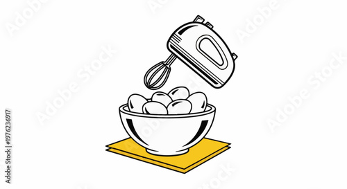 Hand mixer hovering over bowl of eggs on yellow mat