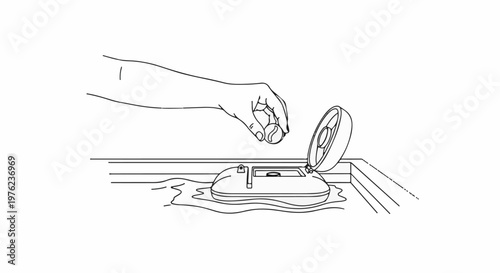 Hand places round object into floating device with open lid on wavy surface