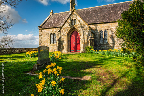 Daffodils lead to St Oswald's Church, Heavenfield,  a historic hilltop chapel in Northumberland, situated along Hadrian's Wall Path, at the spot where King Oswald is said to have raised a wooden cross