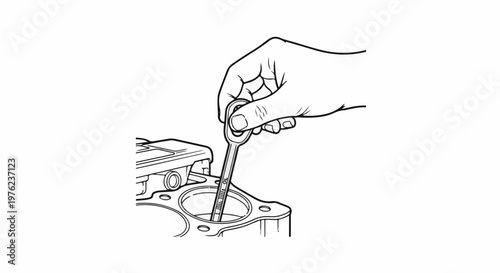 Hand using wrench inside engine cylinder for measurement