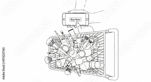 Hand holding phone with "Buy Now" button above basket of makeup