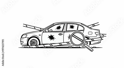 Line art of damaged car with bullet holes and magnifying glass